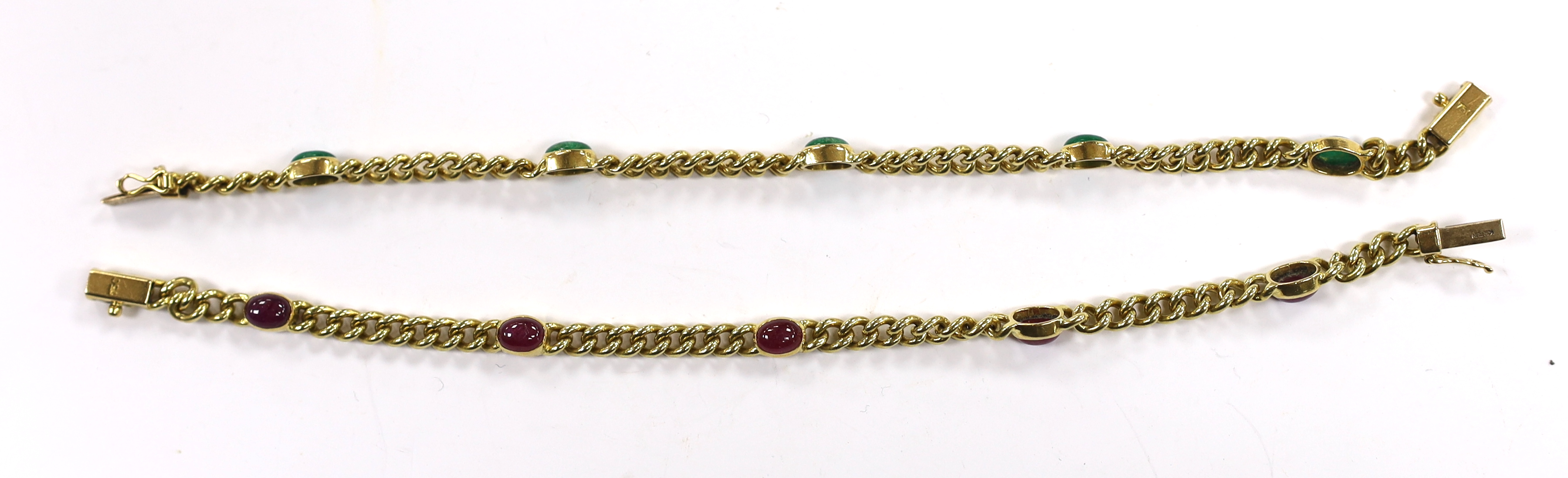 A 750 yellow metal and five stone cabochon ruby set curb link bracelet, 19.5cm and a similar cabochon emerald set bracelet, both stamped 'Kern', gross weight 36.8 grams.